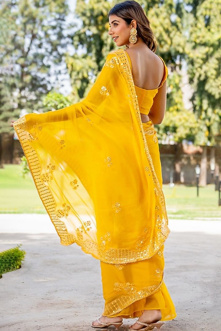 Yellow Silk Mirror Embellished Festive Saree Set by House Of Jamoti at Pernia's Pop Up Shop