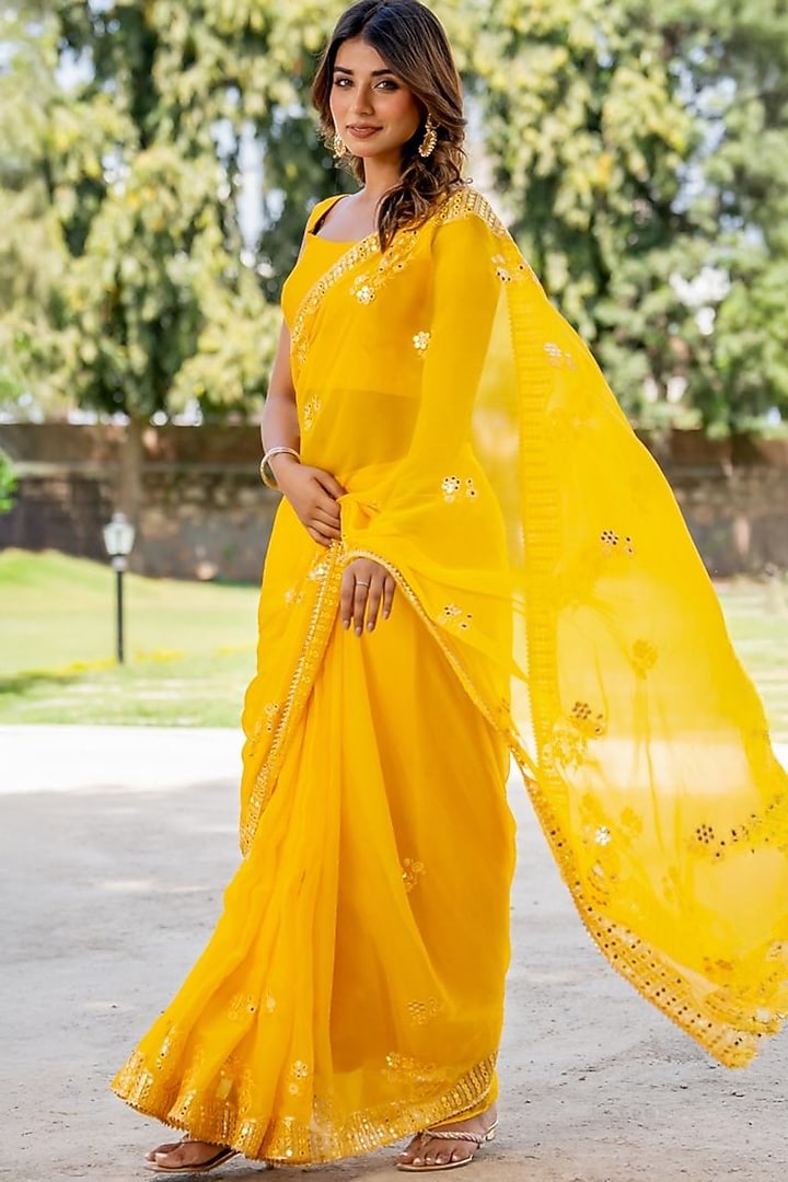 Yellow Silk Mirror Embellished Festive Saree Set by House Of Jamoti at Pernia's Pop Up Shop