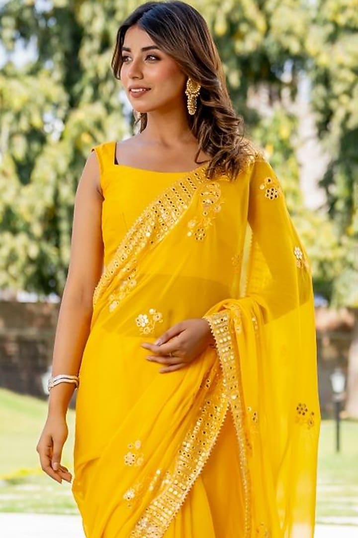 Yellow Silk Mirror Embellished Festive Saree Set by House Of Jamoti at Pernia's Pop Up Shop