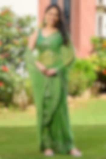 Green Chiffon Mirror Embroidered Festive Saree Set by House Of Jamoti at Pernia's Pop Up Shop