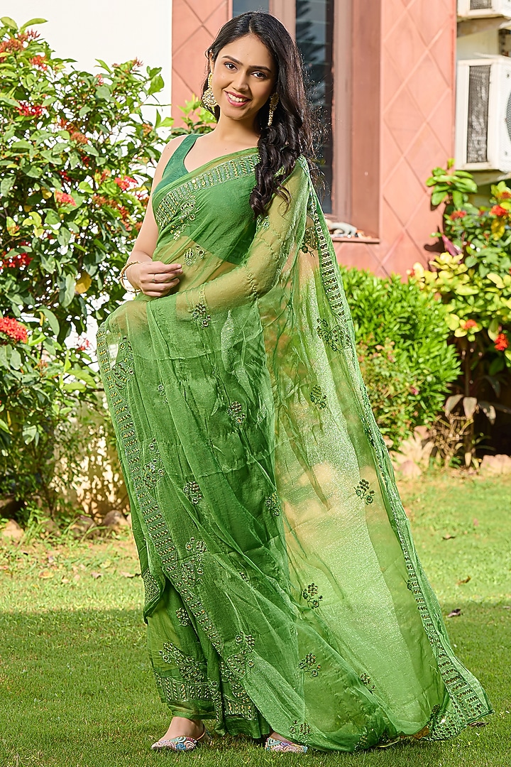 Green Chiffon Mirror Embroidered Festive Saree Set by House Of Jamoti at Pernia's Pop Up Shop