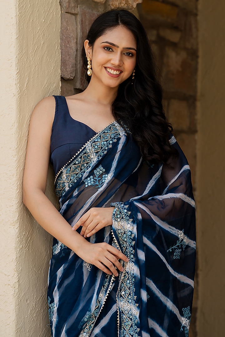 Navy Blue Silk Tie-Dyed & Embellished Festive Saree Set by House Of Jamoti at Pernia's Pop Up Shop