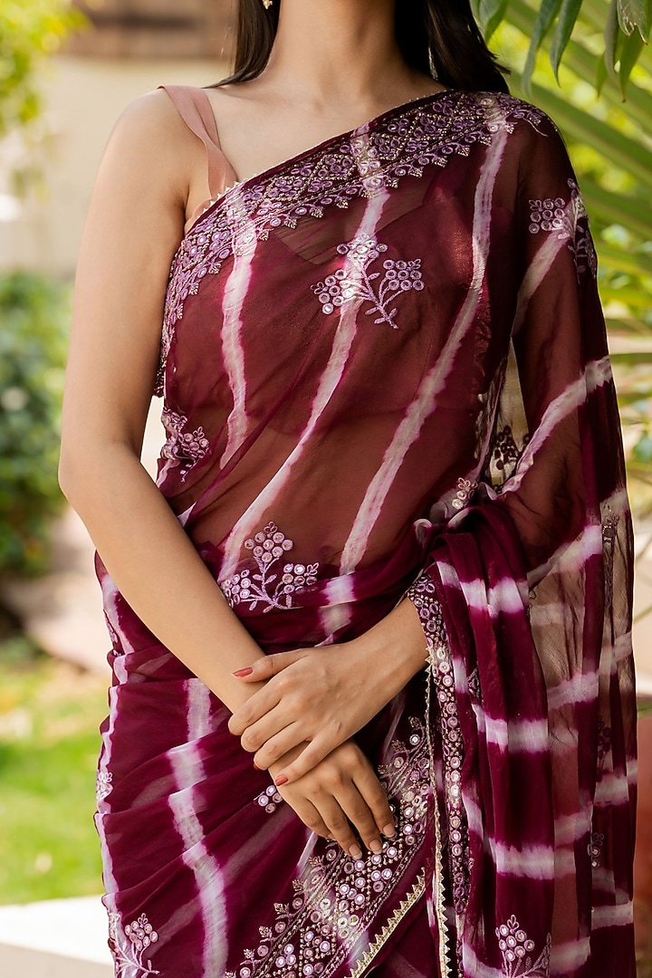 Maroon Silk Tie-Dyed & Embellished Festive Saree Set by House Of Jamoti at Pernia's Pop Up Shop