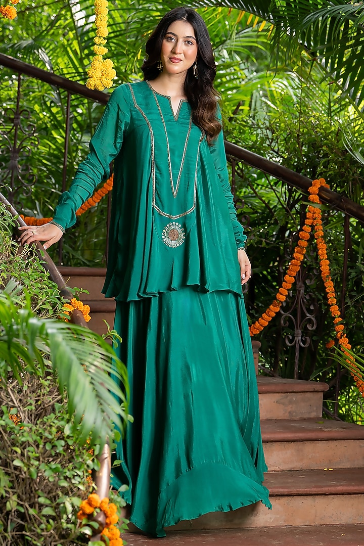 Emerald Green Chinnon Embellished Skirt Set by House Of Jamoti at Pernia's Pop Up Shop