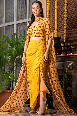 Yellow Crepe Printed Cape Set by House Of Jamoti