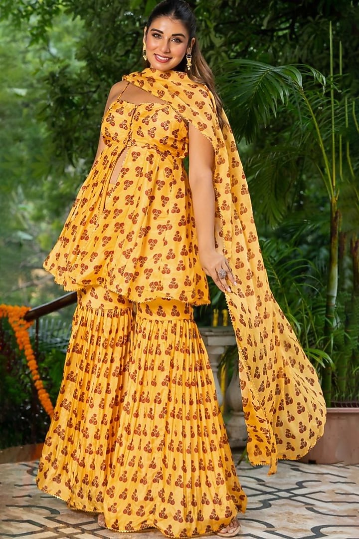 Yellow Organza Printed Sharara Set by House Of Jamoti at Pernia's Pop Up Shop