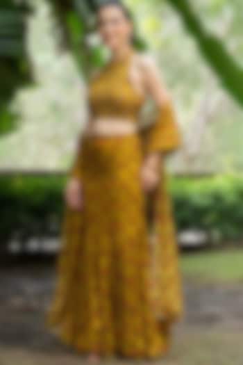 Dark Mustard Organza Lehenga Set by House Of Jamoti at Pernia's Pop Up Shop