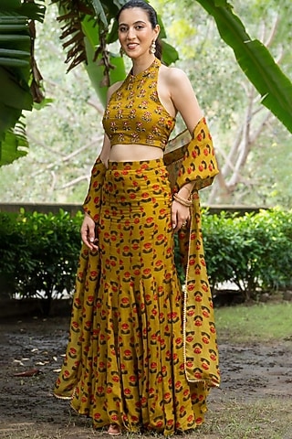 Dark Mustard Organza Lehenga Set by House Of Jamoti