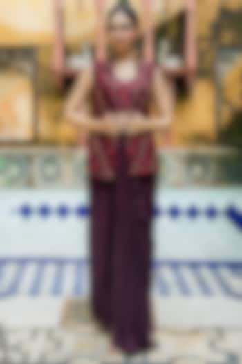 Wine Crepe & Organza Hand Embroidered Jacket Set by House Of Jamoti at Pernia's Pop Up Shop