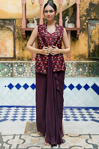 Wine Crepe & Organza Hand Embroidered Jacket Set by House Of Jamoti