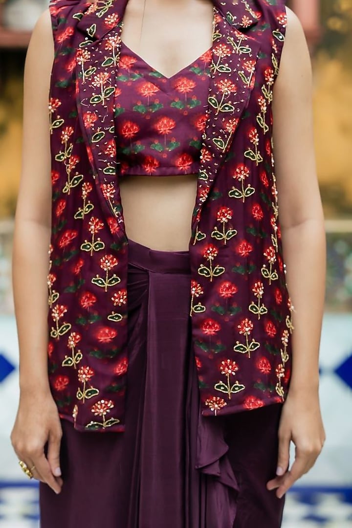 Wine Crepe & Organza Hand Embroidered Jacket Set by House Of Jamoti at Pernia's Pop Up Shop