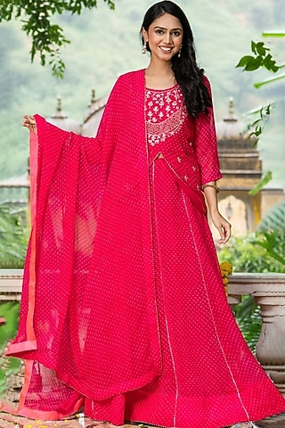 Pink Georgette Bandhani Lehenga Set by House Of Jamoti