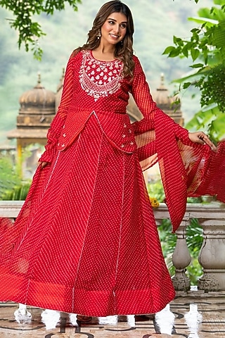 Red Georgette Bandhani Lehenga Set by House Of Jamoti