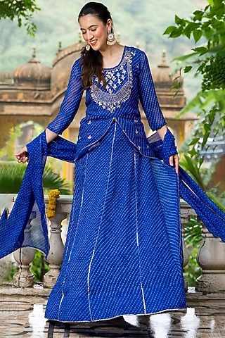 Blue Georgette Bandhani Lehenga Set by House Of Jamoti