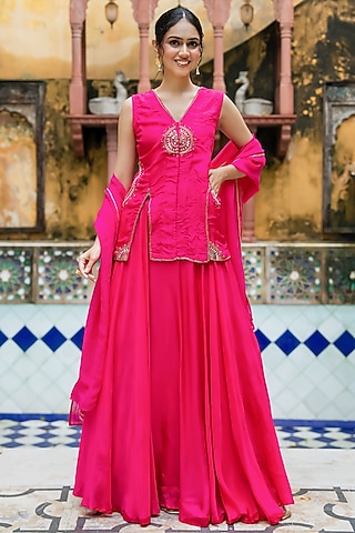 Rani Pink Upada Silk Handwork Lehenga Set by House Of Jamoti