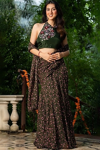 Green Upada Silk & Organza Handwork Draped Saree Set by House Of Jamoti