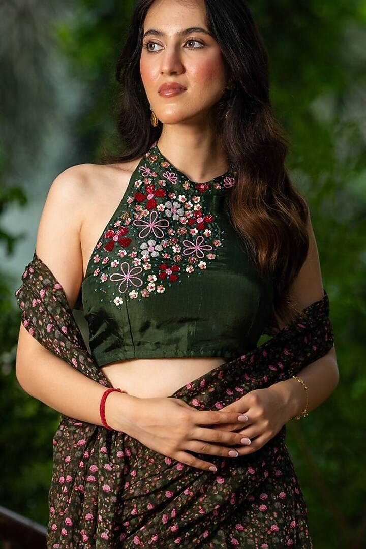 Green Upada Silk & Organza Handwork Draped Festive Saree Set by House Of Jamoti at Pernia's Pop Up Shop