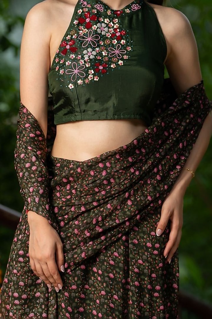 Green Upada Silk & Organza Handwork Draped Festive Saree Set by House Of Jamoti at Pernia's Pop Up Shop