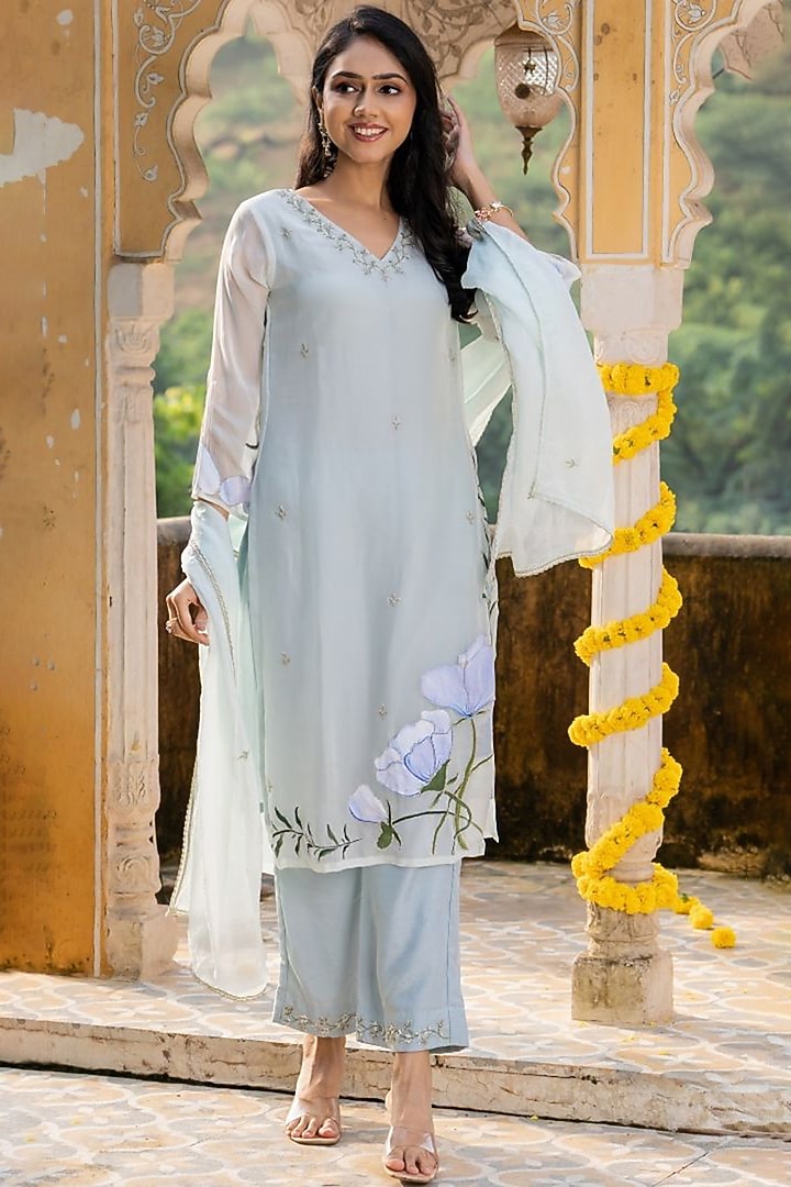 Serene Sky Blue Organza Handwork Kurta Set by House Of Jamoti at Pernia's Pop Up Shop