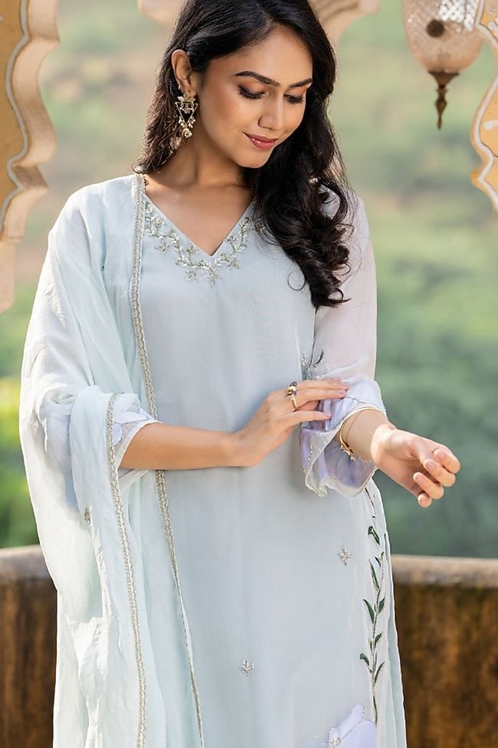 Serene Sky Blue Organza Handwork Kurta Set by House Of Jamoti at Pernia's Pop Up Shop