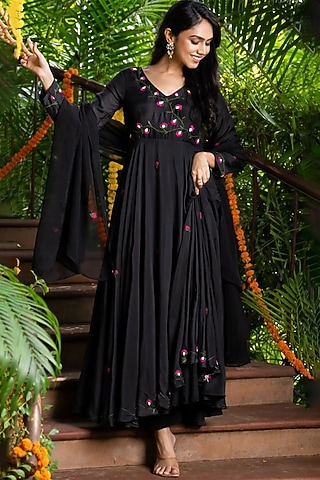 Black Muslin Silk Floral Embroidered Anarkali Set by House Of Jamoti