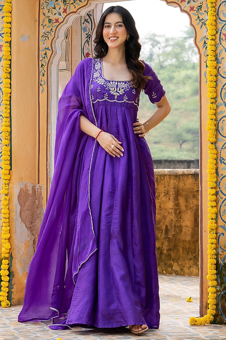 Purple Upada Silk Handwork Anarkali Set by House Of Jamoti at Pernia's Pop Up Shop