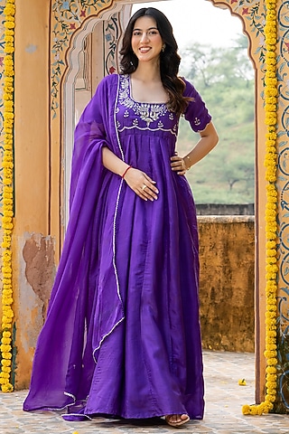 Purple Upada Silk Handwork Anarkali Set by House Of Jamoti