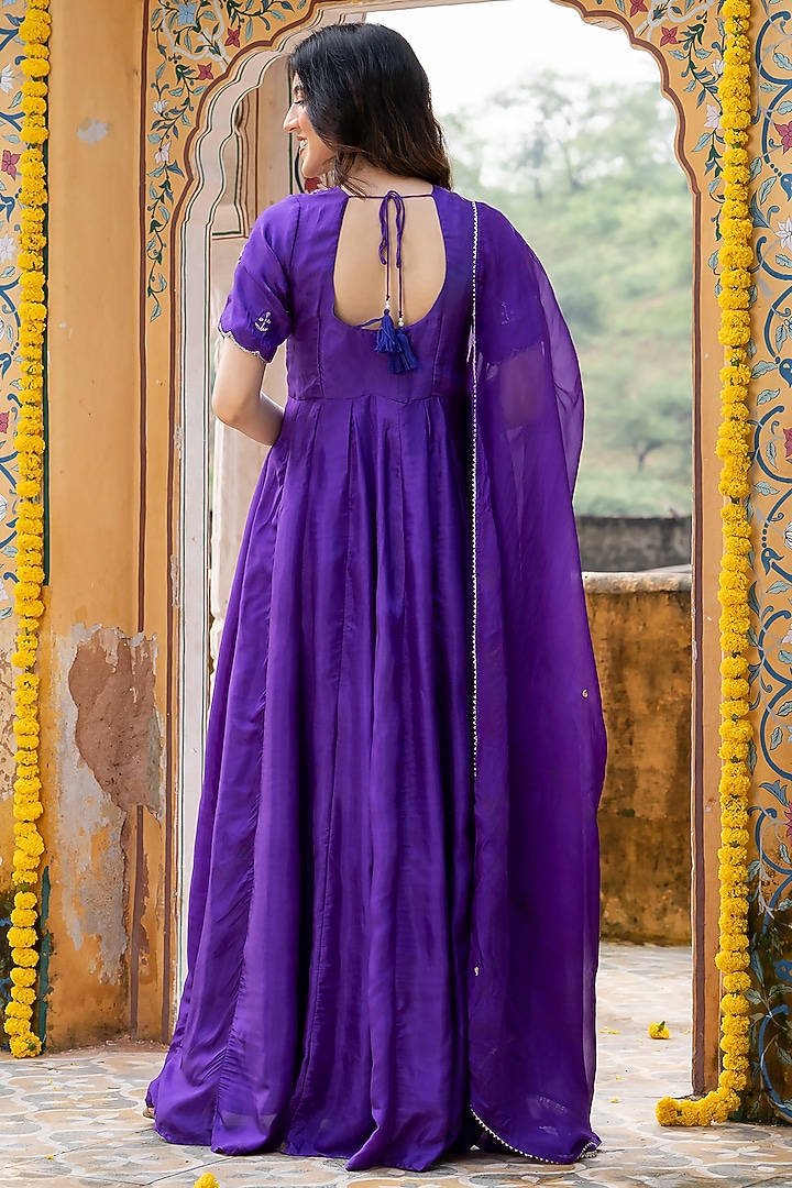 Purple Upada Silk Handwork Anarkali Set by House Of Jamoti at Pernia's Pop Up Shop