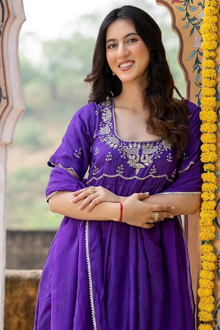Purple Upada Silk Handwork Anarkali Set by House Of Jamoti at Pernia's Pop Up Shop