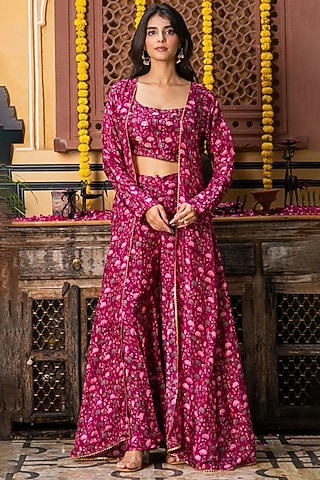 Wine Upada Silk Aari Handwork Jacket Set by House Of Jamoti