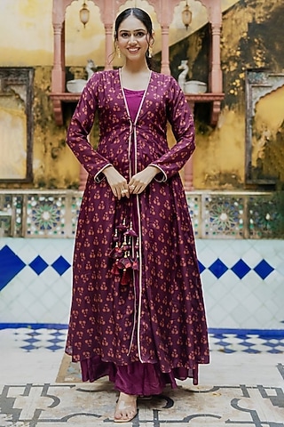 Wine Upada Silk & Organza Anarkali Set by House Of Jamoti
