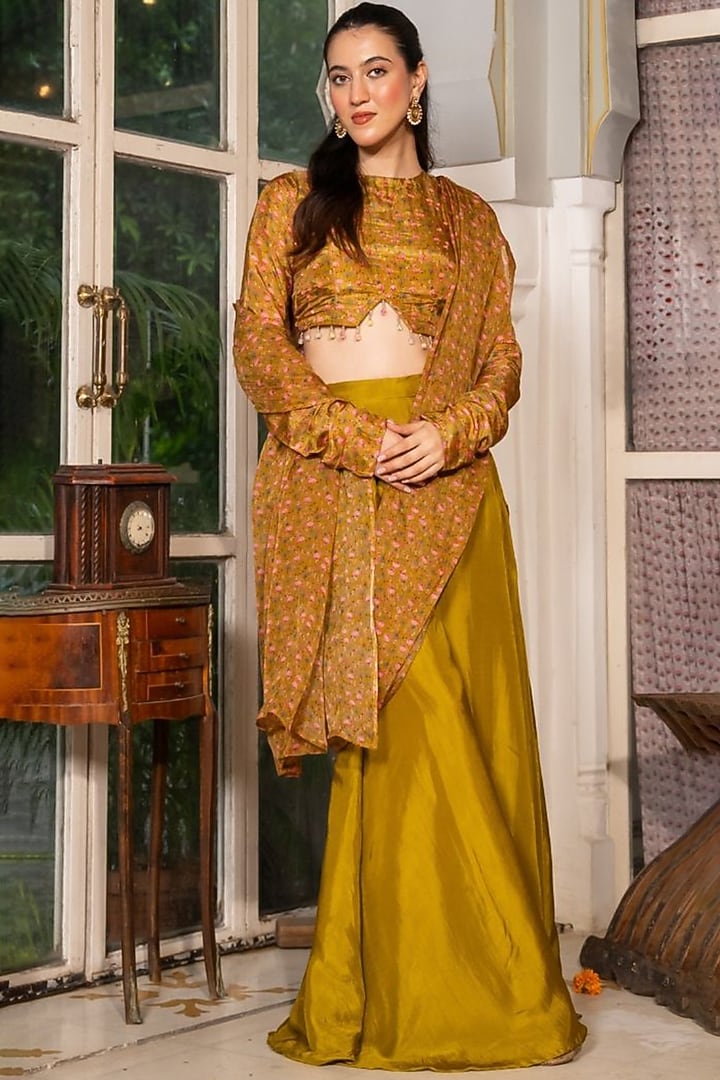 Green Upada Silk & Organza Pre-Draped Festive Saree Set by House Of Jamoti at Pernia's Pop Up Shop