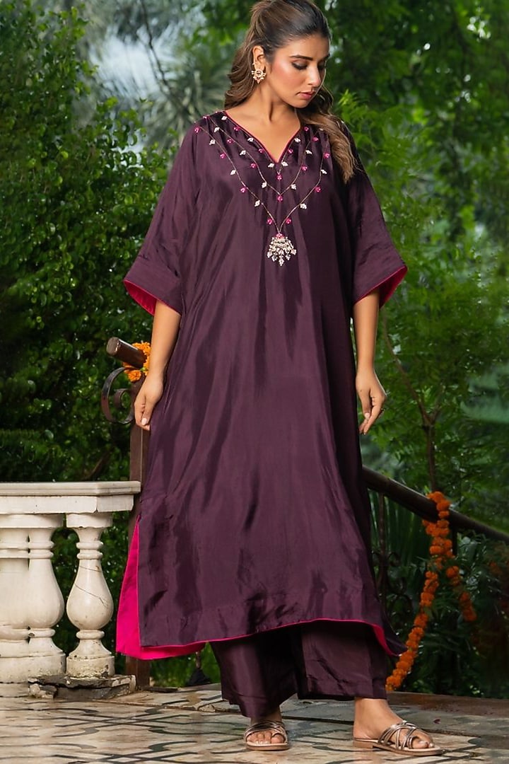 Wine Upada Silk & Organza Kaftan Set by House Of Jamoti at Pernia's Pop Up Shop