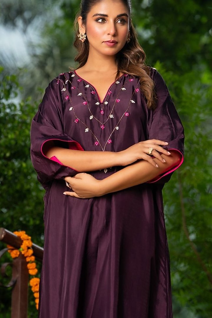 Wine Upada Silk & Organza Kaftan Set by House Of Jamoti at Pernia's Pop Up Shop