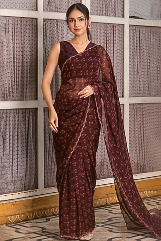 Wine Organza Printed Saree Set by House Of Jamoti
