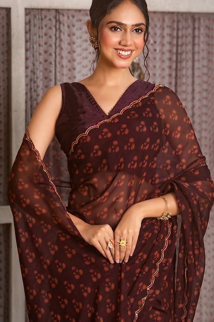 Wine Organza Printed Festive Saree Set by House Of Jamoti at Pernia's Pop Up Shop