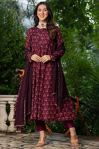 Wine Organza Anarkali Set by House Of Jamoti