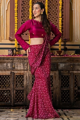 Wine Upada Silk & Organza Printed Pre-Draped Saree Set by House Of Jamoti