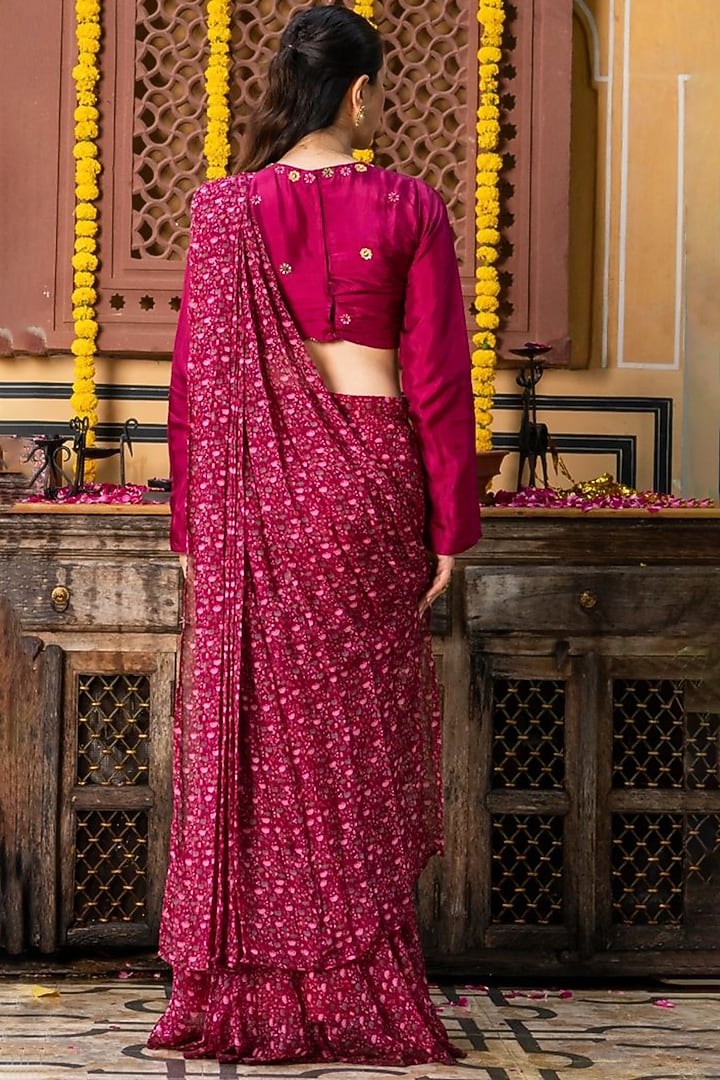 Wine Upada Silk & Organza Printed Pre-Draped Festive Saree Set by House Of Jamoti at Pernia's Pop Up Shop