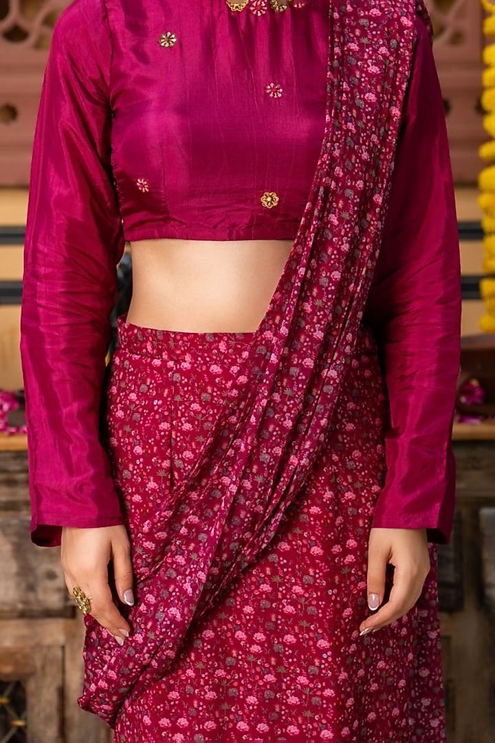 Wine Upada Silk & Organza Printed Pre-Draped Festive Saree Set by House Of Jamoti at Pernia's Pop Up Shop