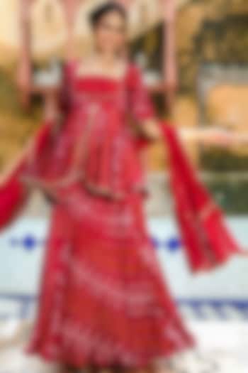 Red Chinon Bandhej Skirt Set by House Of Jamoti at Pernia's Pop Up Shop