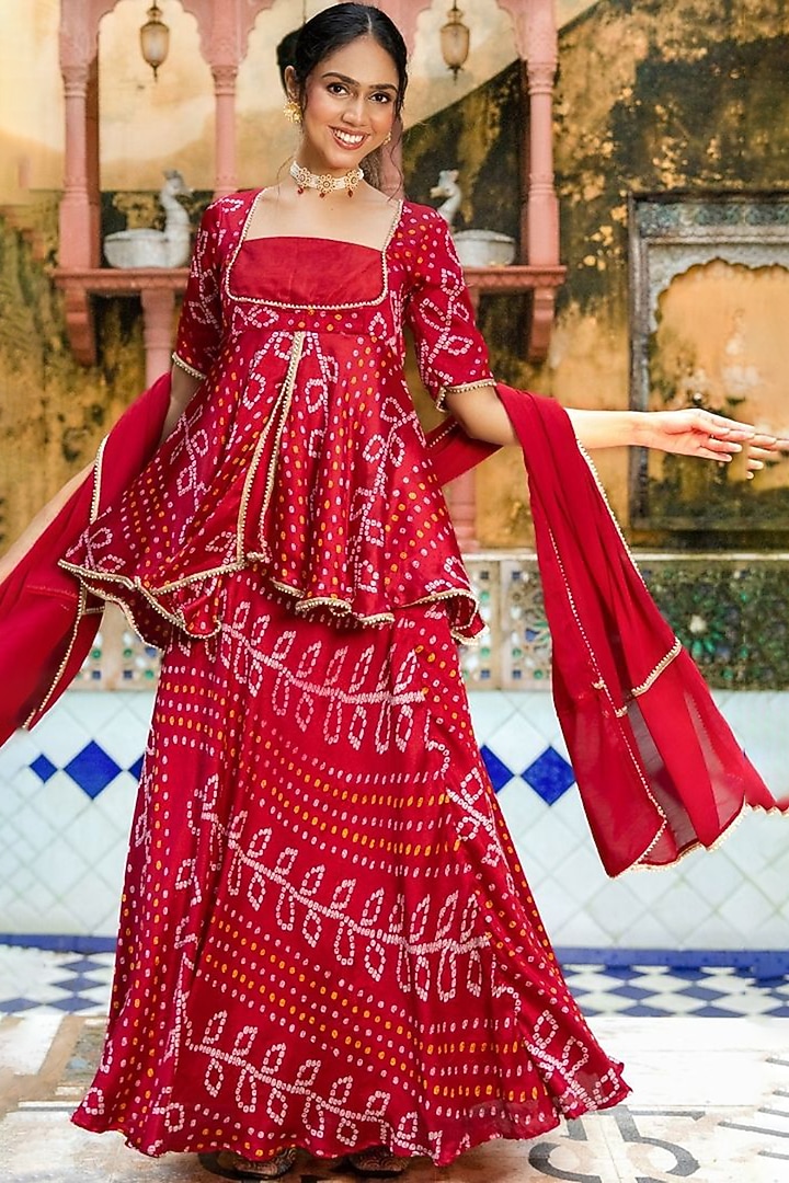 Red Chinon Bandhej Skirt Set by House Of Jamoti at Pernia's Pop Up Shop