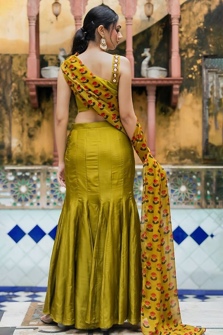 Green Upada Silk & Organza Pre-Draped Festive Saree Set by House Of Jamoti at Pernia's Pop Up Shop
