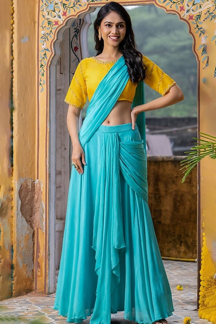 Sky Blue Chinon Draped Festive Saree Set by House Of Jamoti at Pernia's Pop Up Shop