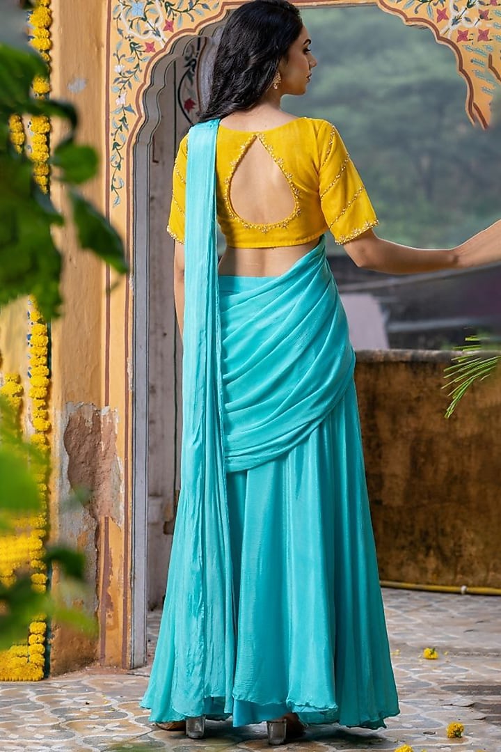 Sky Blue Chinon Draped Festive Saree Set by House Of Jamoti at Pernia's Pop Up Shop