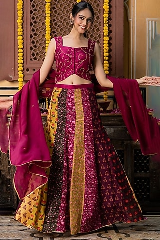Multi-Colored Upada Silk & Organza Printed Lehenga Set by House Of Jamoti