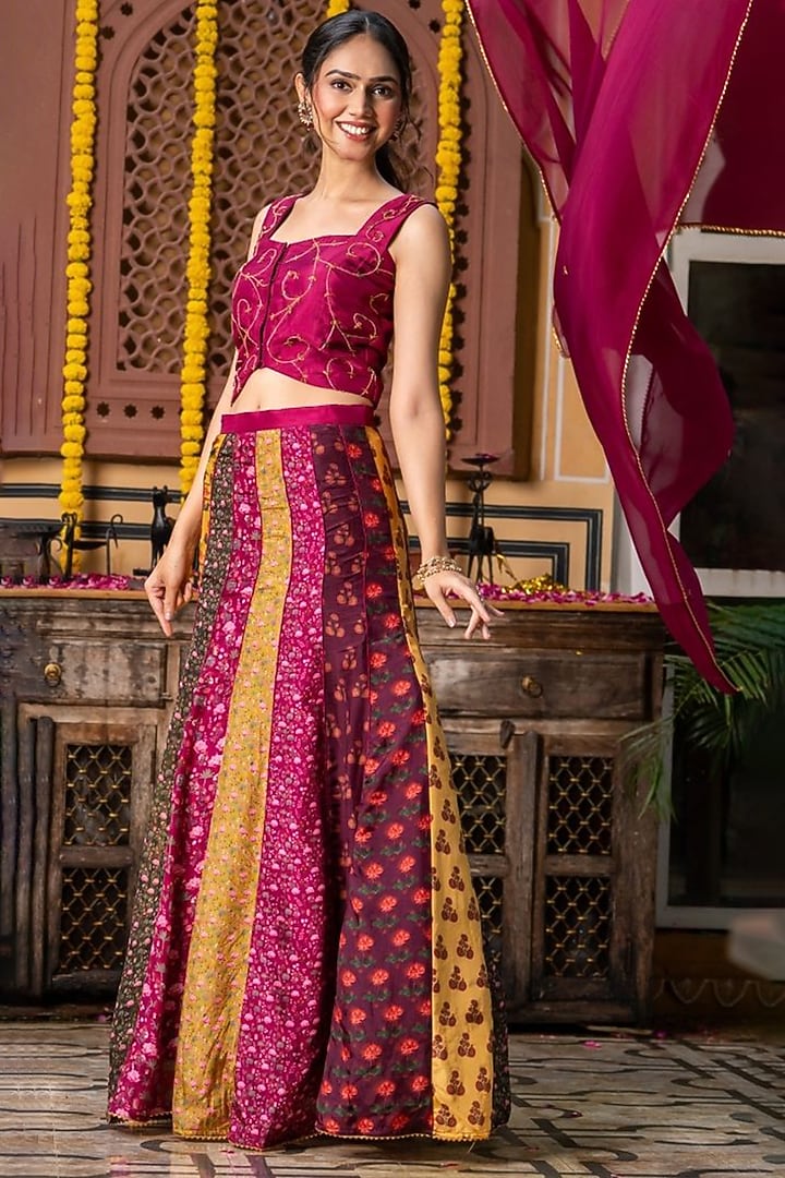 Multi-Colored Upada Silk & Organza Printed Lehenga Set by House Of Jamoti at Pernia's Pop Up Shop