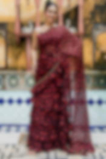 Dark Maroon Organza Printed Ruffled Festive Saree Set by House Of Jamoti at Pernia's Pop Up Shop