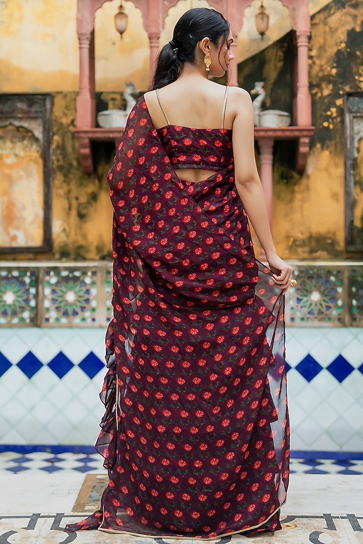 Dark Maroon Organza Printed Ruffled Festive Saree Set by House Of Jamoti at Pernia's Pop Up Shop