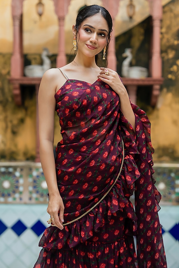Dark Maroon Organza Printed Ruffled Festive Saree Set by House Of Jamoti at Pernia's Pop Up Shop